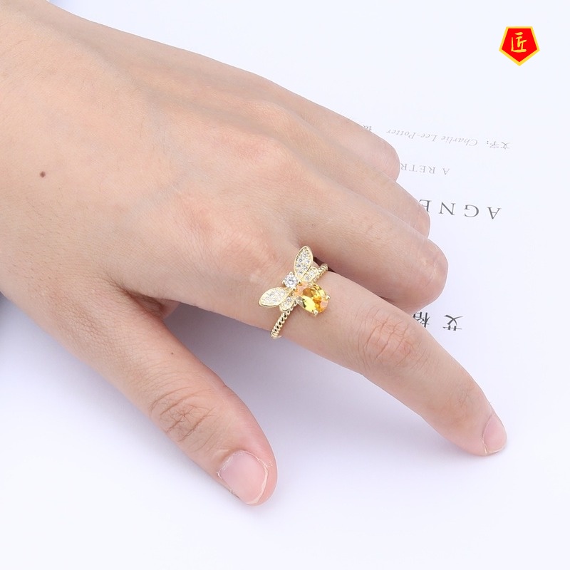 [Ready Stock]Colored Gems Citrine Little Bee Gold Ring