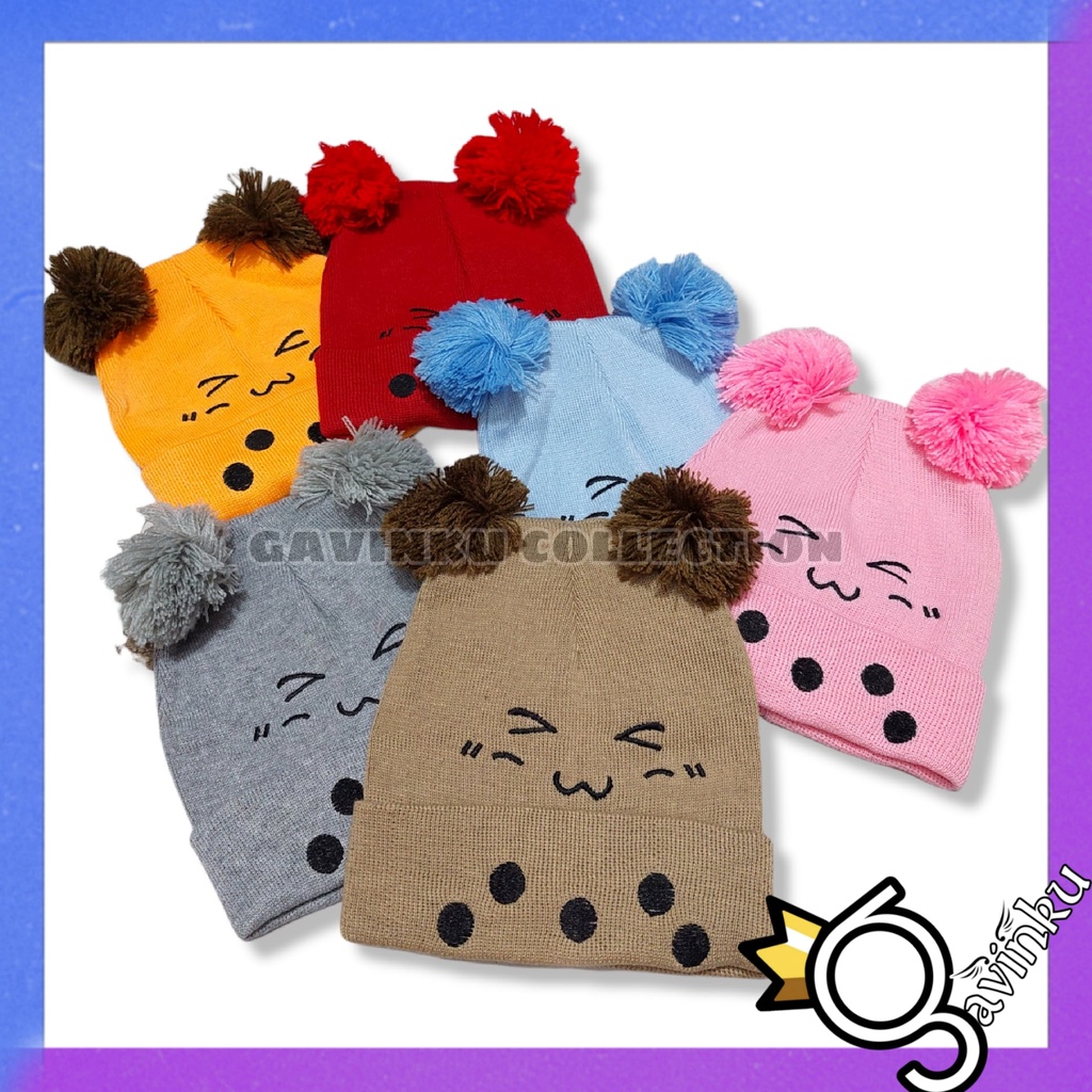 Topi Kupluk Anak Bayi Polos Model Pompom Bordir Boba Smile Laki Laki Perempuan Usia 0 1 2 3 4 5 6 7 8 9 10 11 12 bulan umur 1 2 3 Tahun thn