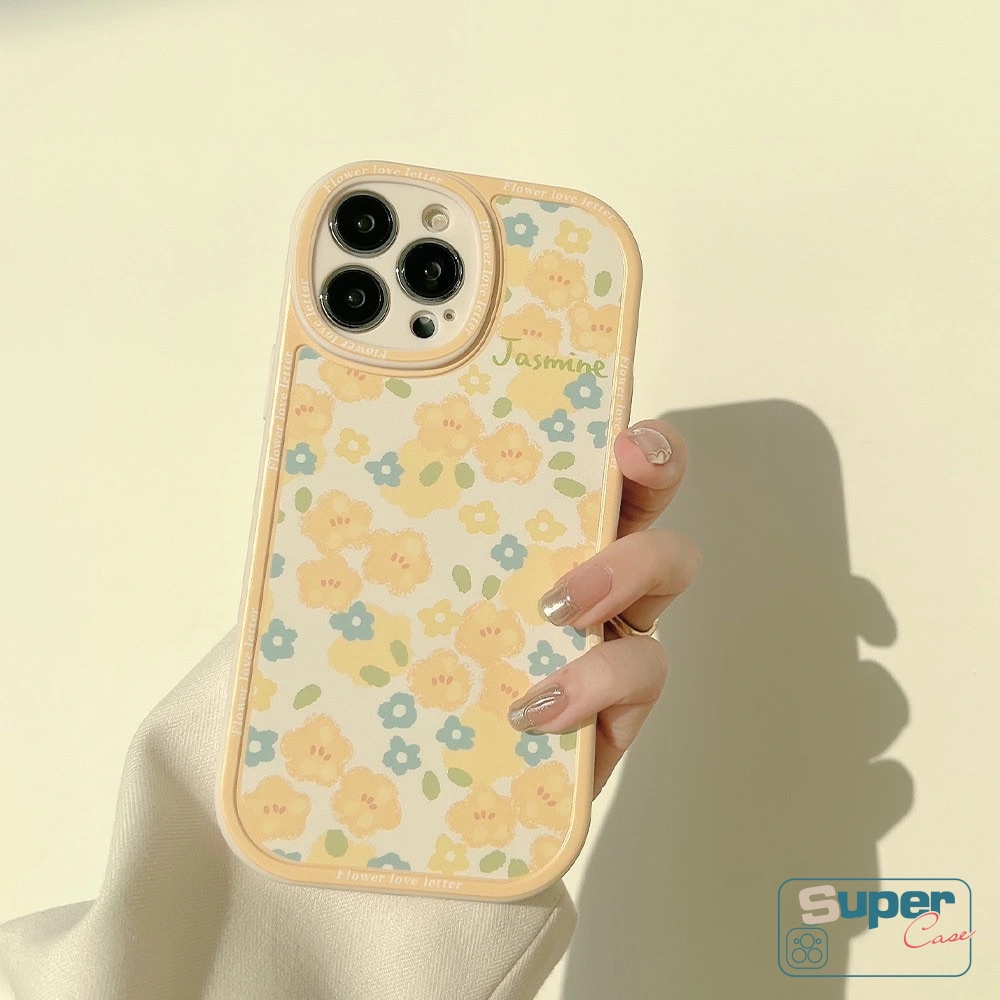 IPHONE Ins Fashion Retro Oval Segar Casing Ponsel Kompatibel Untuk Iphone14 11 XR X XS Max 13 12 11 14 Pro Max 6 6s 7 8 Plus SE 2020bunga Kuning Perlindungan Lensa Soft TPU Full Back Cover