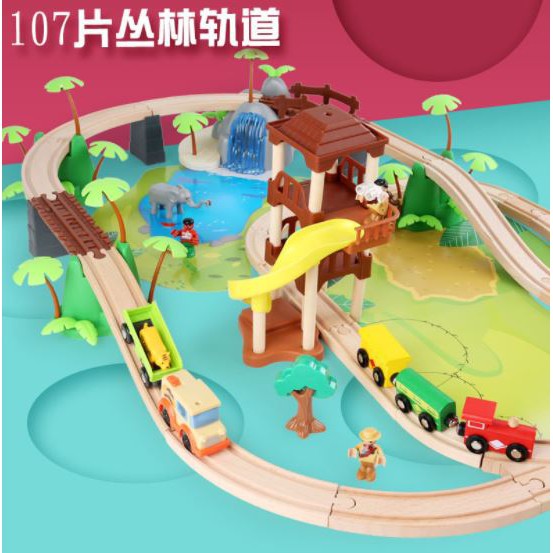 Jual BEELOVED Wooden Jungle Train Track isi 107 pc kereta bisa