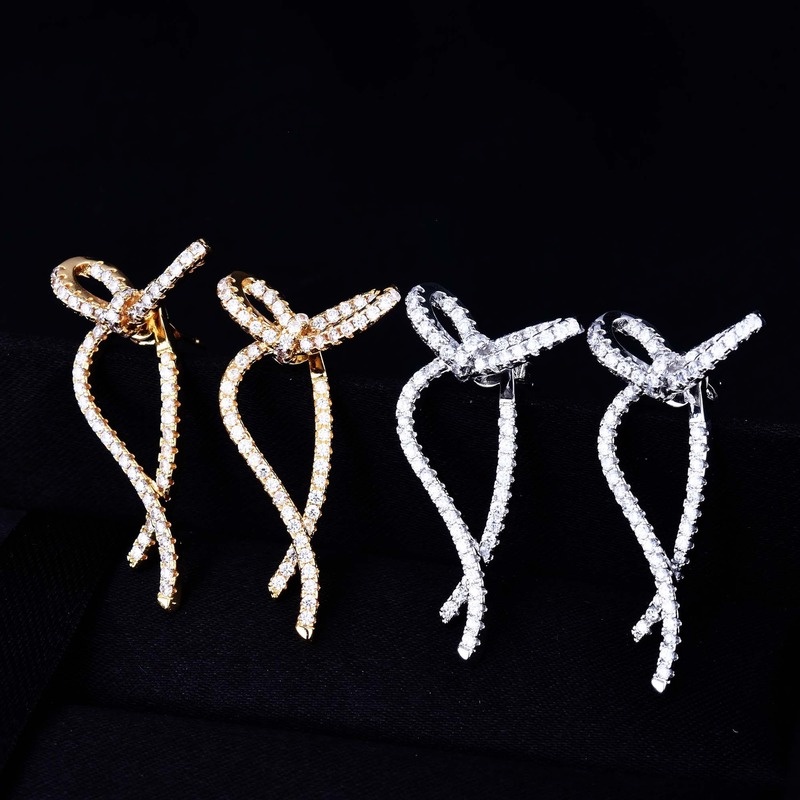 Fashion Design Simple Rhinestone Front and Back Ribbon Bowknot Stud Earrings