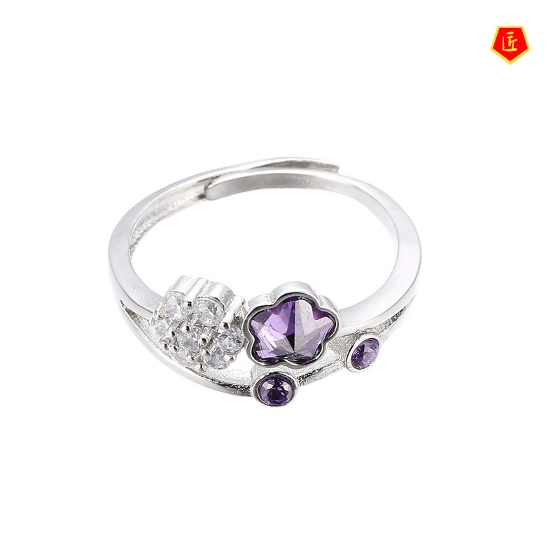 [Ready Stock]Women's Platinum Flower Amethyst Ring