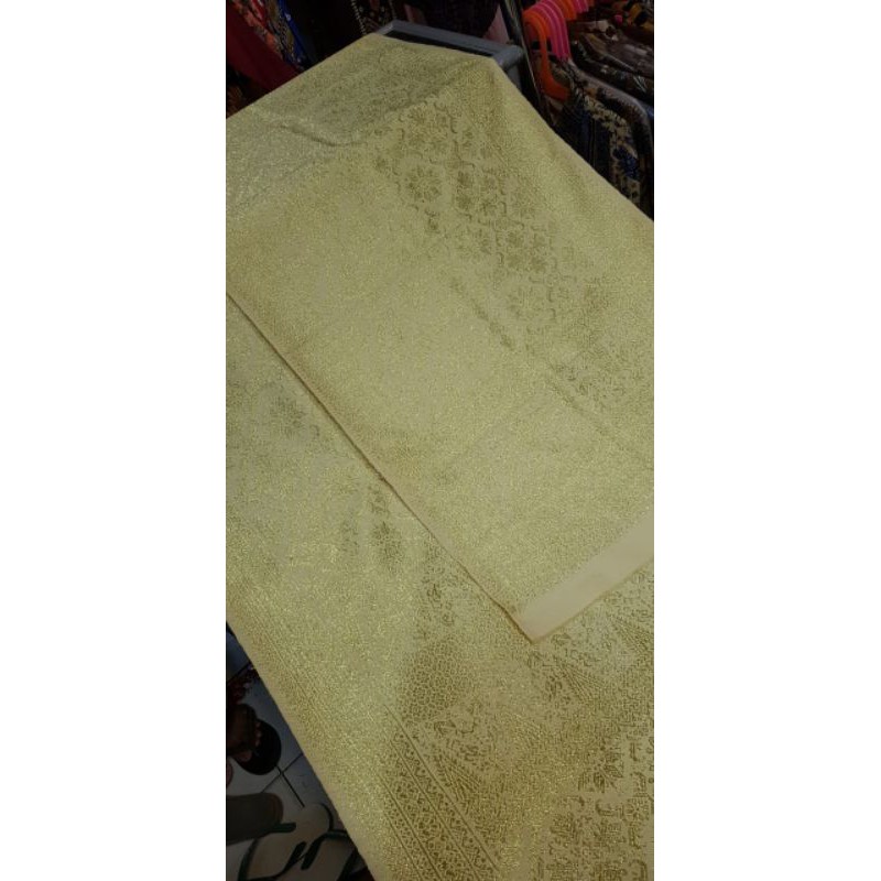 Songket palembang asli sutra ori lepus cream kekuningan motif bunga
