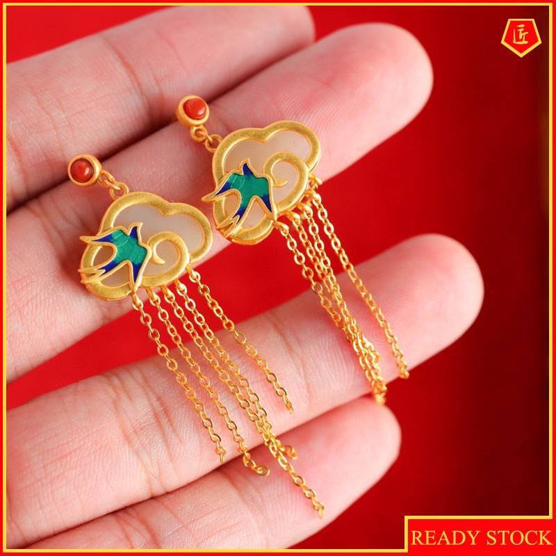 [Ready Stock]Gold Inlaid with Jade Vintage Earrings Classical Chinese Style