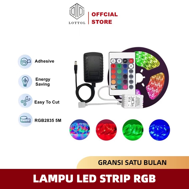 LOTTOL Lampu Led Strip RGB 5M IP44 2835 Komplit Set Adaptor Remote