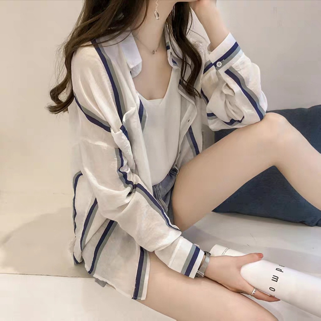 kemeja nerawang slub striped * 4108 PAKAIAN FASHION WANITA GROSIR three m threem 3m 3ms