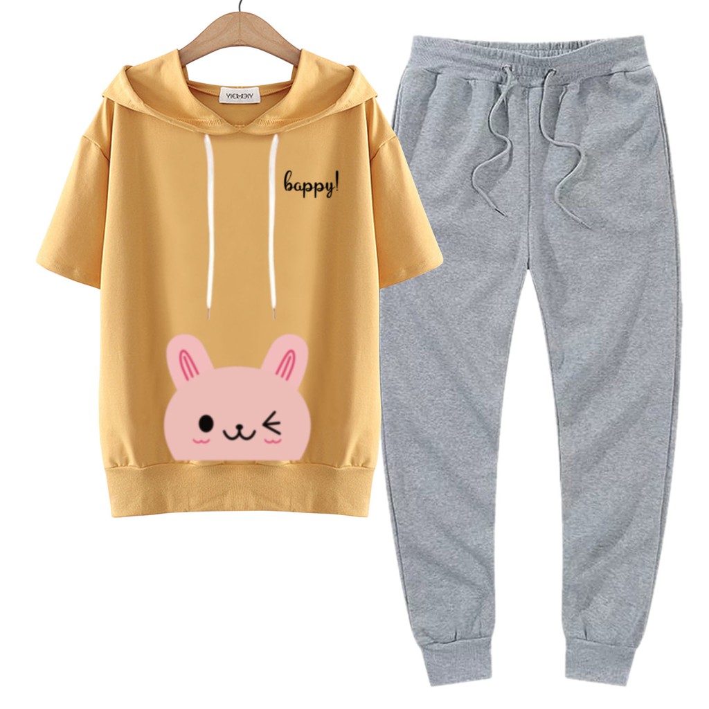 BESS - Baju Setelan Wanita Murah / Setelan Hoodie Crop Lengan Pendek + Jogger Abu - HAPPY CAT