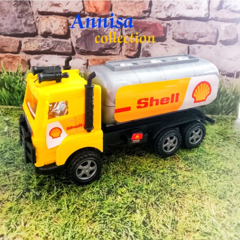 MAINAN MOBIL TRUK TANGKI PERTAMINA SHELL Size 17cm Bisa Berjalan Dengan Cara Tarik Mundur Ke Belakan