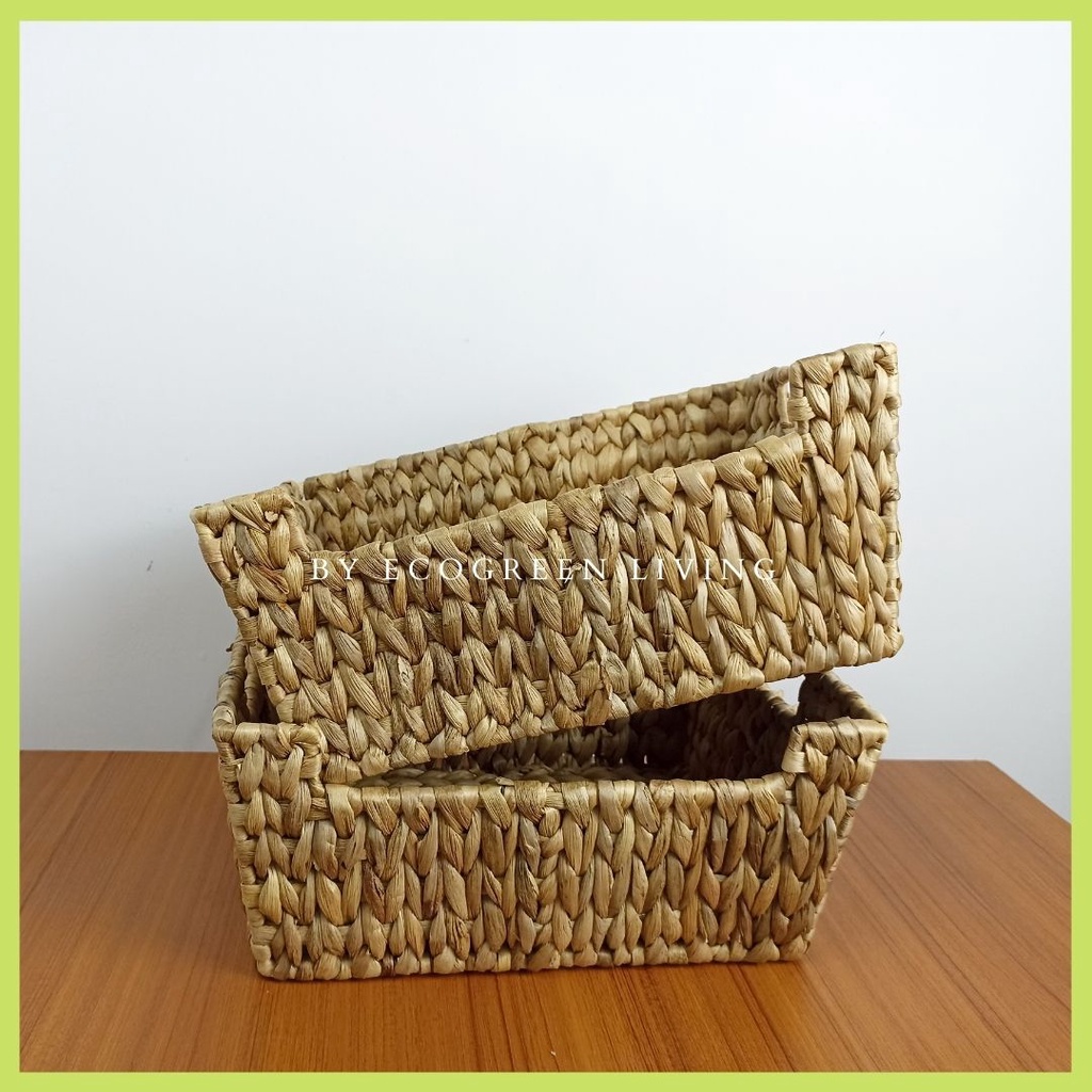 BW- 001 Storage Baskets, Hand-Woven Open-Front Bins with Handles Waterhyacinth