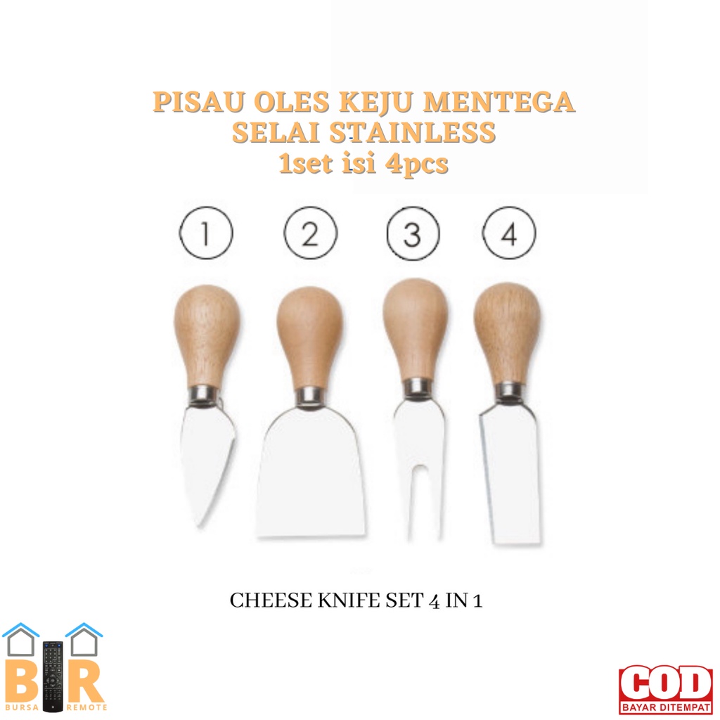 4 Set Pisau Keju Alat Makan Keju Baja Tahan Karat Pemotong Keju Pegangan Kayu Pisau Mini, Pisau Mentega, Spatula &amp; Garpu