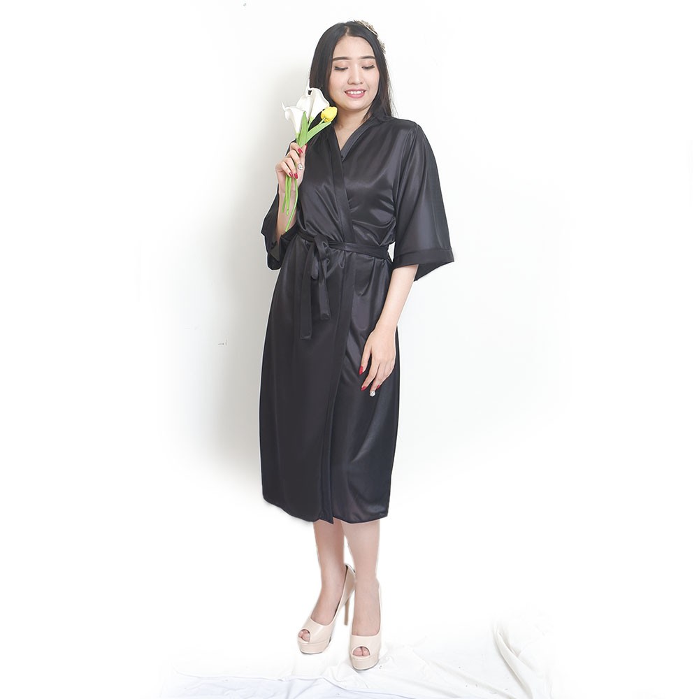 FOLVA kimono baju tidur sleeping robe satin 1559BKIM hitam all size-6
