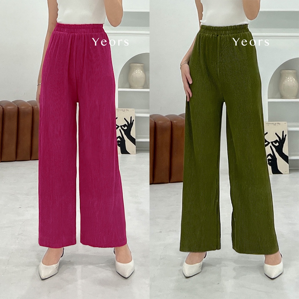 Yeors - Celana Murah Berkualitas Kulot Plisket Lidi Premium - Long Cullote Adelle Pants - Korean Loose Pants Trousers Wanita - Loungewear - Celana Jumbo Perempuan Murah Berkualitas Muat Sampai 90 kg