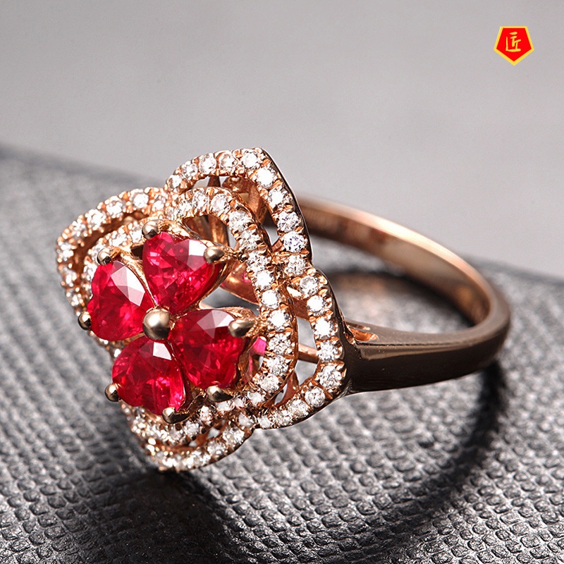 [Ready Stock]Elegant Personality Rose Gold Ruby Flower Ring