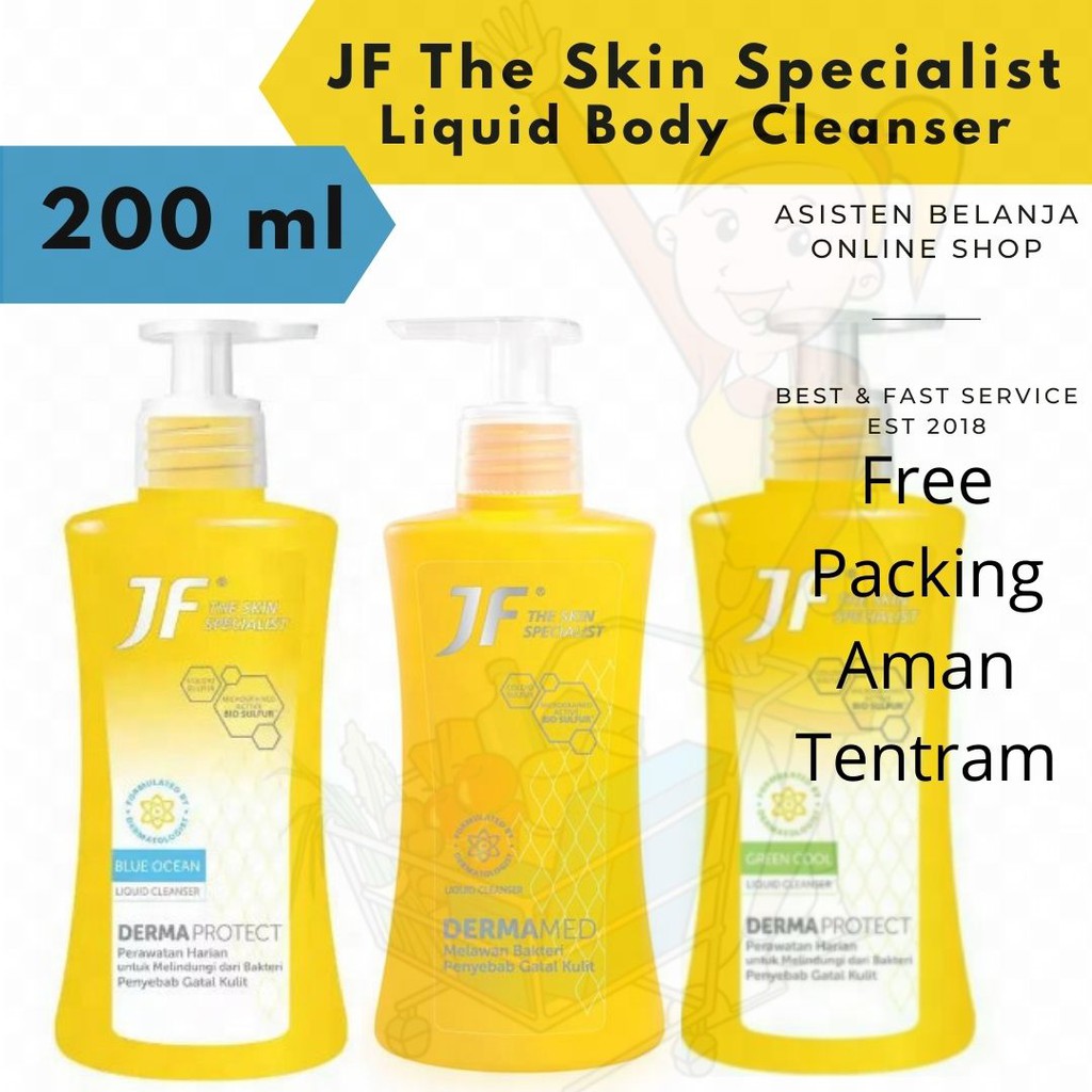 JF SULFUR Sabun Mandi Cair Original Dermamed Kuning Derma Med / Green Cool HIjau Dermaprotect / Blue Ocean Biru Derma protect JFSULFUR The Skin Specialist Liquid Cleanser Gatal Gatal Belerang Anti Acne Jerawat Bodywash BOTOL Pump 200 ml 200ml