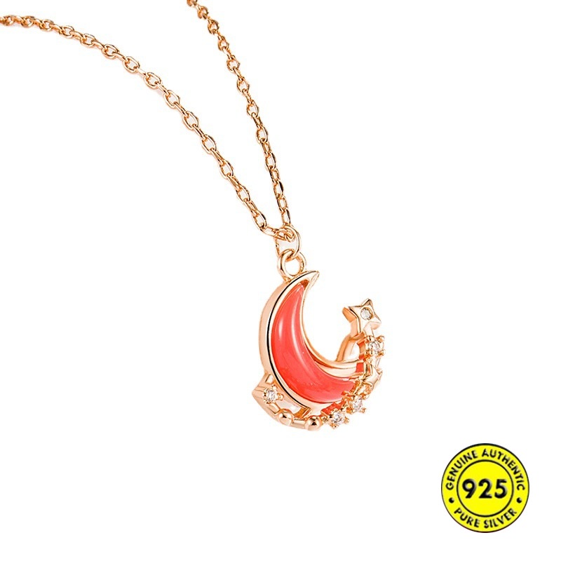 Kalung Rantai Rose Gold 18K Dengan Liontin Bulan Sabit Pink Untuk Wanita