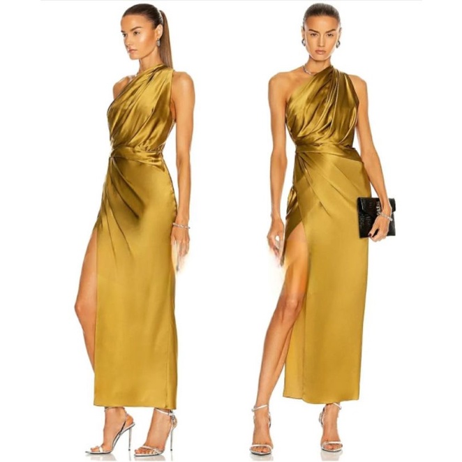 long dress gold gaun emas gold gown outdoor party beach bali simple classy satin polos gaun pesta ac
