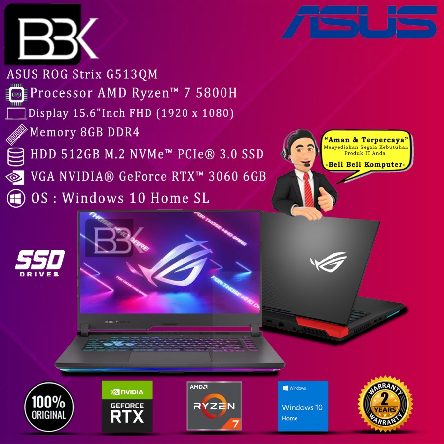 ASUS ROG Strix G513QM Ryzen 7 5800H 16GB 512GB SSD VGA W10HSL OHS 2Yr