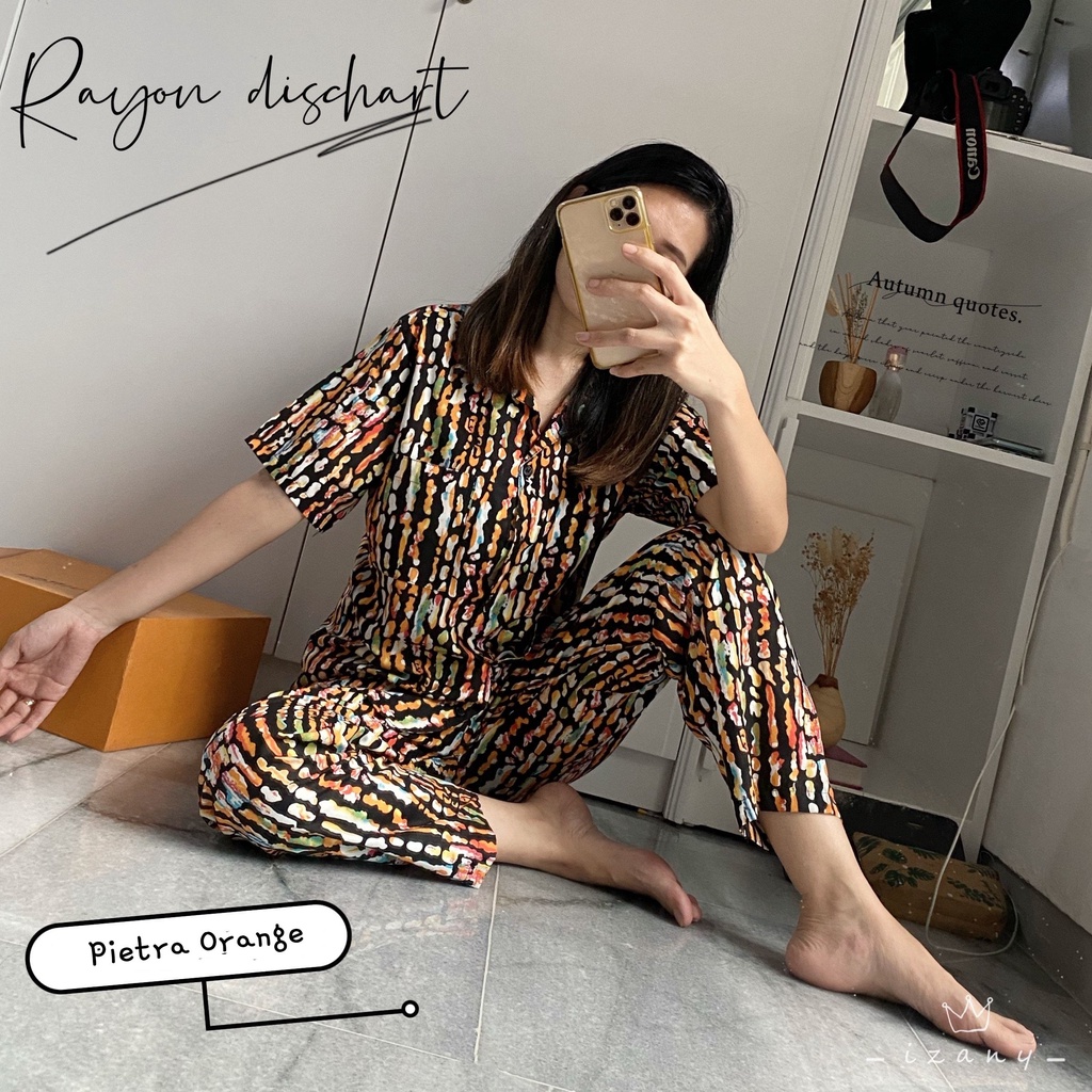 IZANY Piyama One Set Kemeja Pendek / Daily Set Kemeja Allsize Rayon Dischart-PIETRA ORANGE