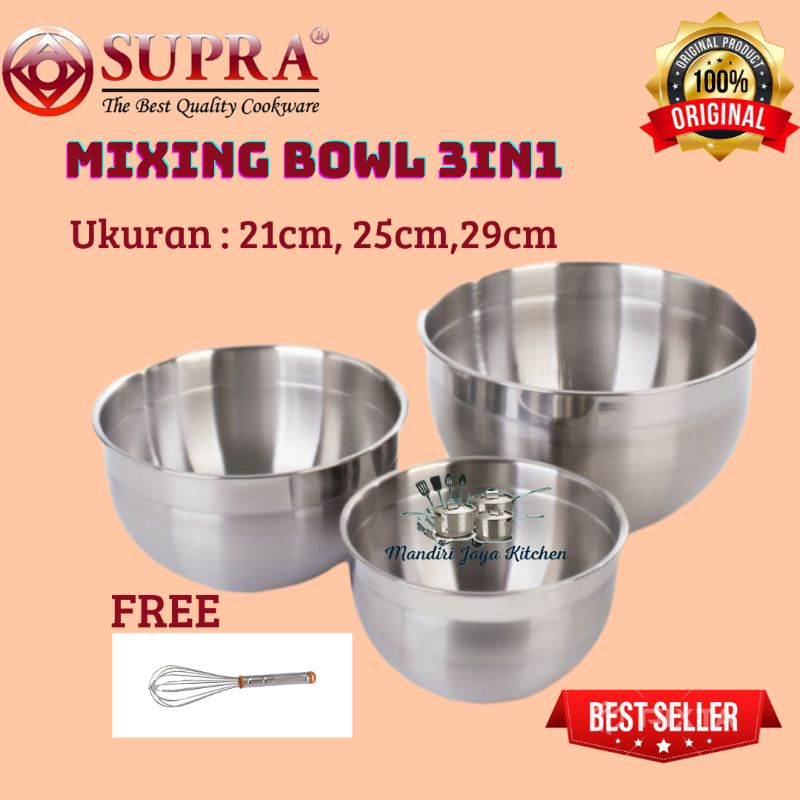 SUPRA Stainless Steel Mixing bowl 3Pcs Free 1pcs Wishker