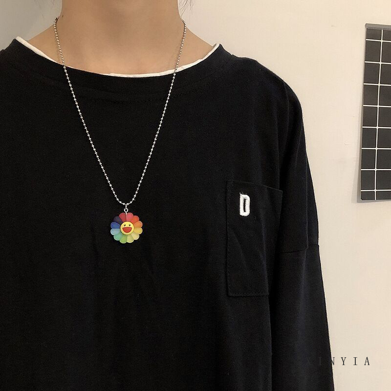 Harajuku Pasangan Jepang Kalung Rainbow Sun Flower Smiley Retro Pendant