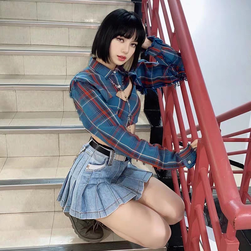 #Sisjuly # Retro plaid print Lisa lagu setelan leher tinggi lengan panjang T-shirt suspender wanita