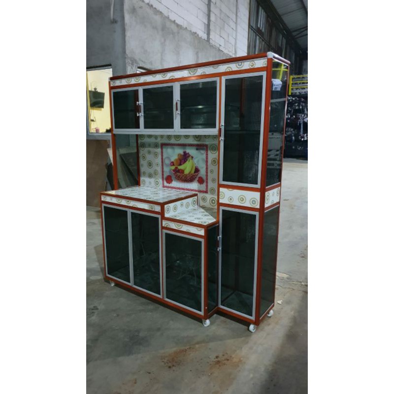 RAK PIRING 4PINTU RODA FULL KACA BELAKANG PLAT ALUMINIUM BAWAH KERAMIK