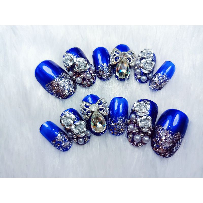 kuku paksu pengantin - wedding nail art warna biru bca dan maroon- sudah bonus lem