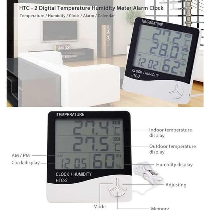 Hygrometer Thermometer HTC-2 Digital LCD Ruangan jam digital