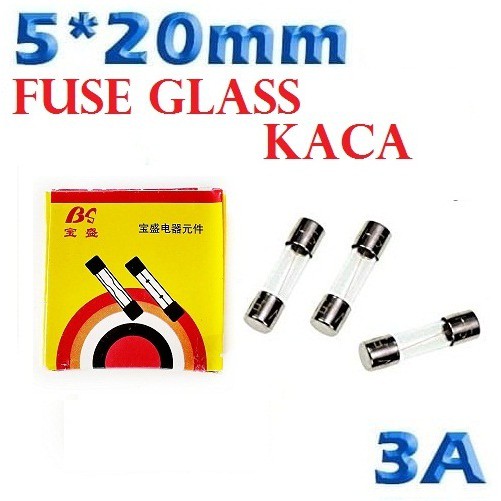 x10 Fuse Kaca 3A ukuran 5x20 mm Kecil 250VAC sekring sekering glass 5*20 isi 10 Buah