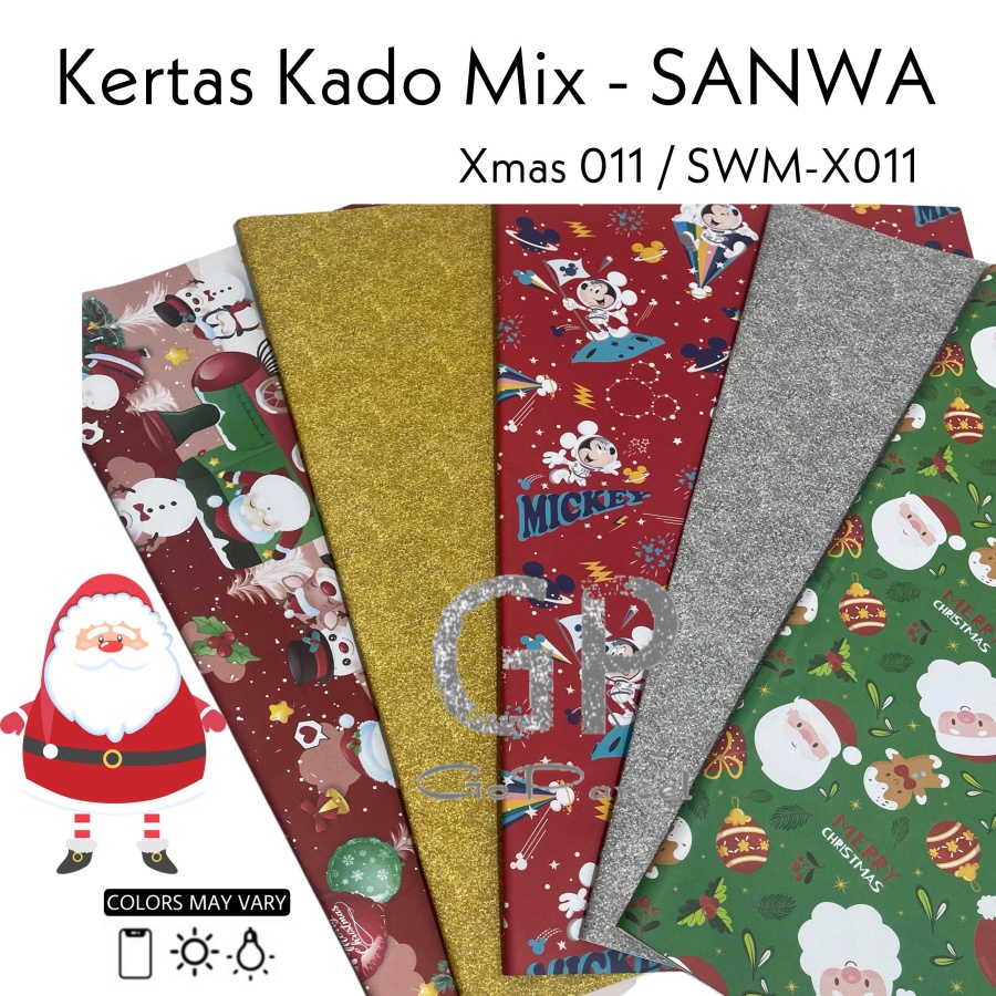 ( 5 Lembar 5 Motif ) NATAL MIX SANWA - KERTAS KADO - GIFT WRAP SANSAN WAWA XMAS MERRY CHRISTMAS BUNGKUS RED GREEN WHITE STAR