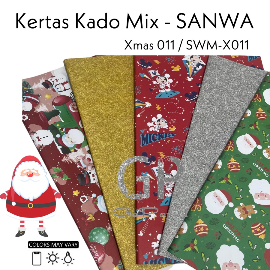 ( 5 Lembar 5 Motif ) NATAL MIX SANWA - KERTAS KADO - GIFT WRAP SANSAN WAWA XMAS MERRY CHRISTMAS BUNGKUS RED GREEN WHITE STAR