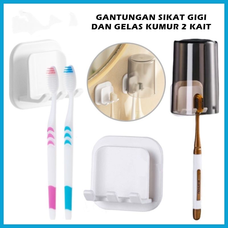 Gantungan Sikat Gigi Dan Gelas Kumur Tempel Dinding Tempel Tembok 2 Slot Toothbrush Hook