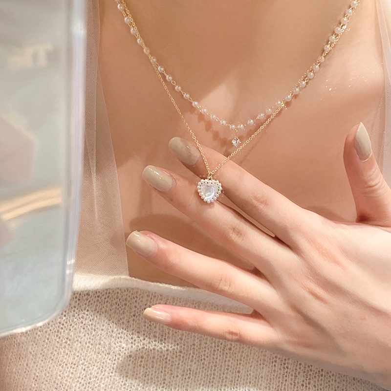Kalung Rantai Choker Liontin Hati Mutiara Double Layer Warna Emas Untuk Wanita
