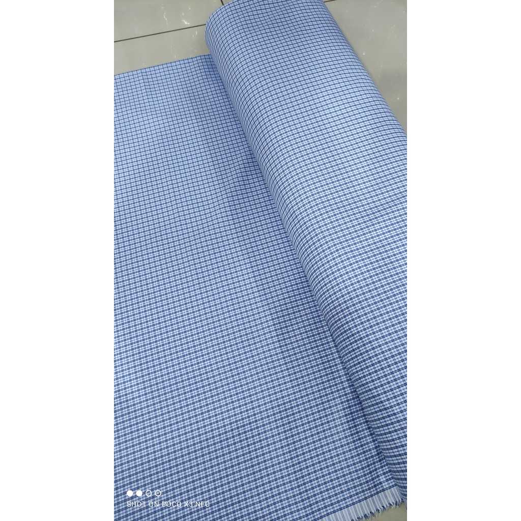 Kain Kemeja Hem Kotak Checkered Office Wear Wrinkle Free Poly Cotton Light Blue White