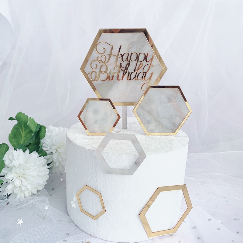 Topper Kue Bentuk Hexagonal Motif Marmer Bahan Akrilik Untuk Dekorasi Pesta Ulang Tahun