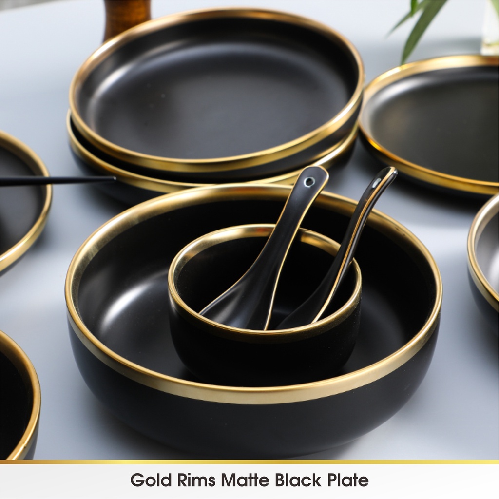 [SATUAN] BLACK - Piring Mangkok Makan Keramik Pinggiran Emas Cantik Ceramic Mewah Western Steak Gold Rim Plate