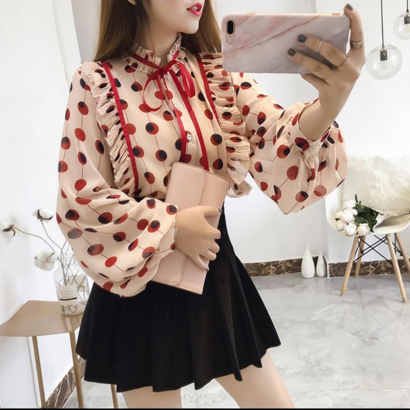 MDLV ~ 2689 Aprilita Pleated Shirt Blouse wanita Blouse Premium Blouse Import Blouse Chiffon Blouse Polkadot Kemeja Fashion Kemeja Import Kemeja Premium Kemeja Polkadot Fashion Import