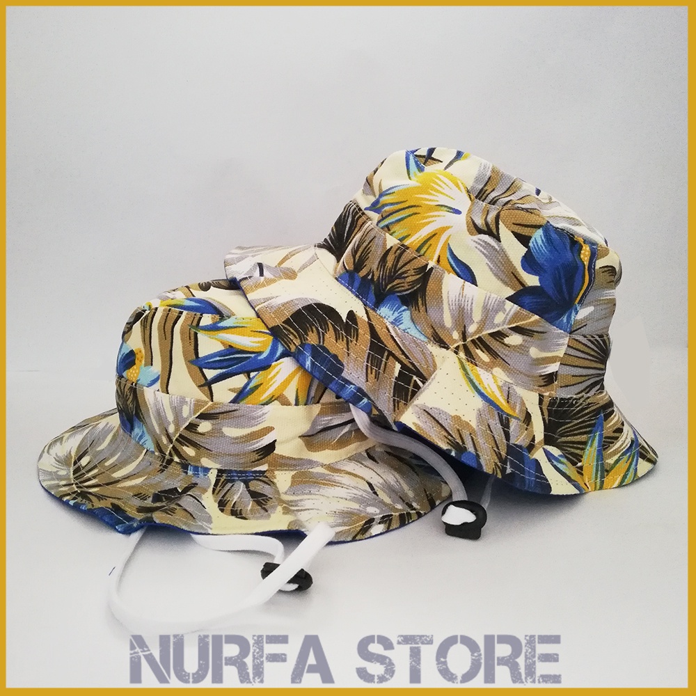 Topi rimba Anak Perempuan Topi Bucket Tali Anak Bahan Kanvas Motif Blue Monstera