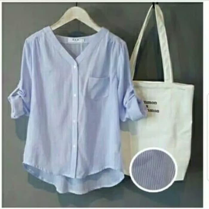 kemeja wanita salur H-M-flanel-biru-grey-kemeja-wanita-women-Hnm-H-m-biru-basic-shirt-longslee M4J9