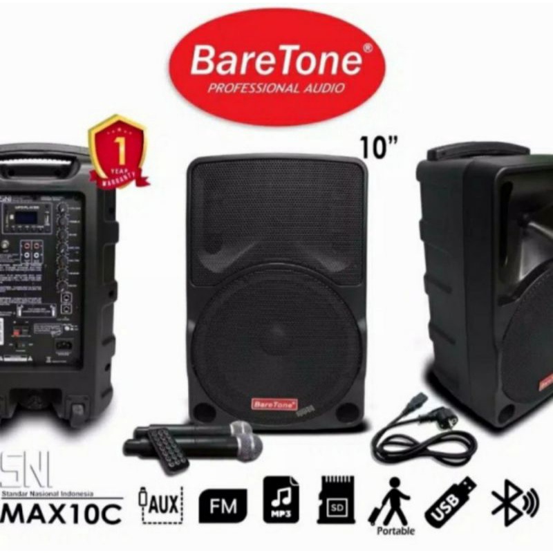 Speaker Portable BARETONE MAX10C + 2 Mic Pegang Wireless Spiker Aktif Spiker Metting