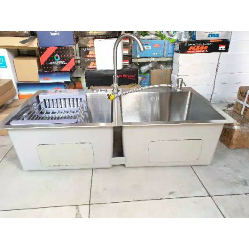 Bak cuci piring 2 lubang stainless tebal 304 THSINK 8245  PAKET LENGKAP