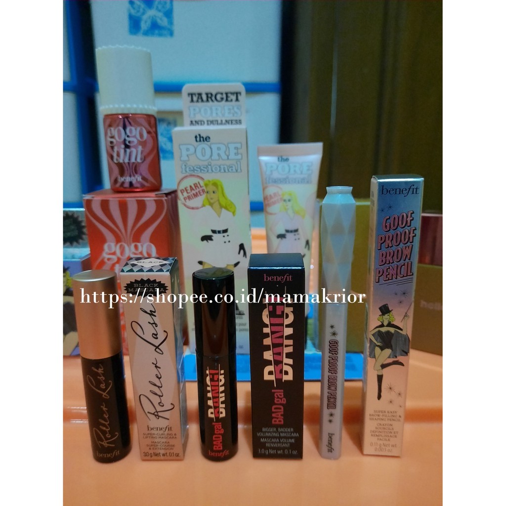 BPOM Benefit Roller Lash Mascara, Bad Gal Bang Bigger, Goof Proof Brow Pencil, Porefessional Hydrate