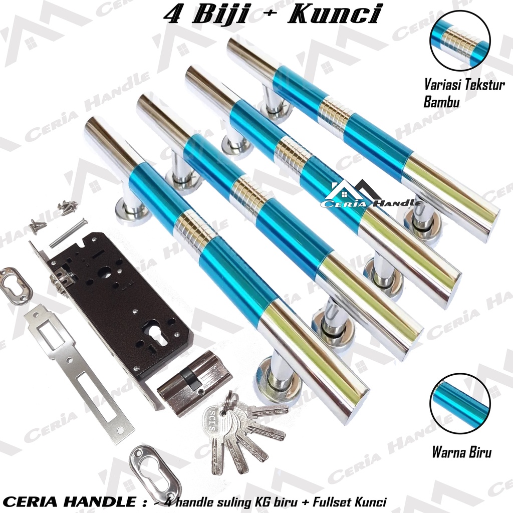 handle pintu rumah set kunci 33 cm 45 cm - gagang pintu warna biru mewah - pegangan pintu kayu pintu