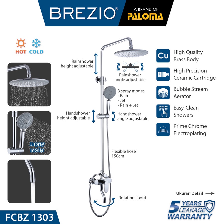 BREZIO FCBZ 1303 SHOWER TIANG SET MIXER PANAS DINGIN CHROME KERAN KRAN AIR