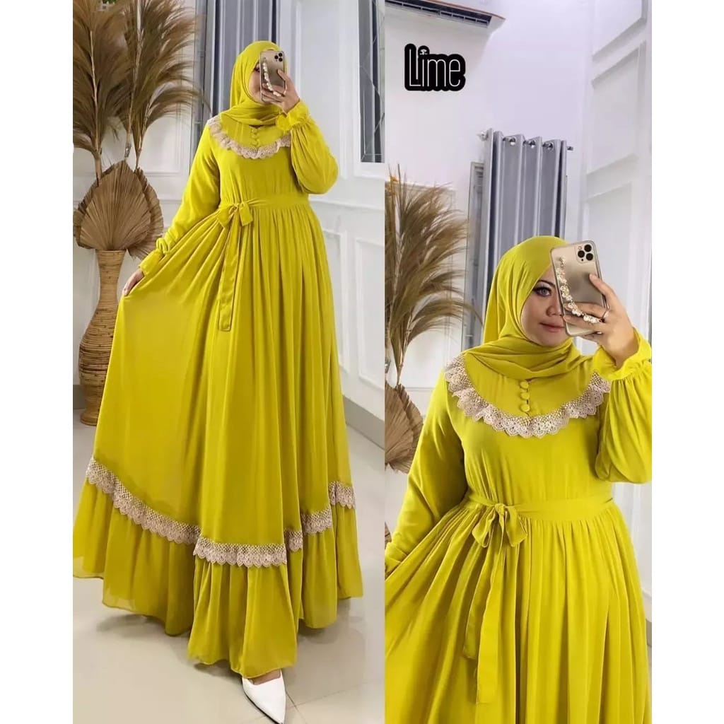 Busana Muslim Wanita Terbaru Cantika Dress Kondangan Baju Wanita Jumbo Gamis Ceruty Babydoll Aksen Renda