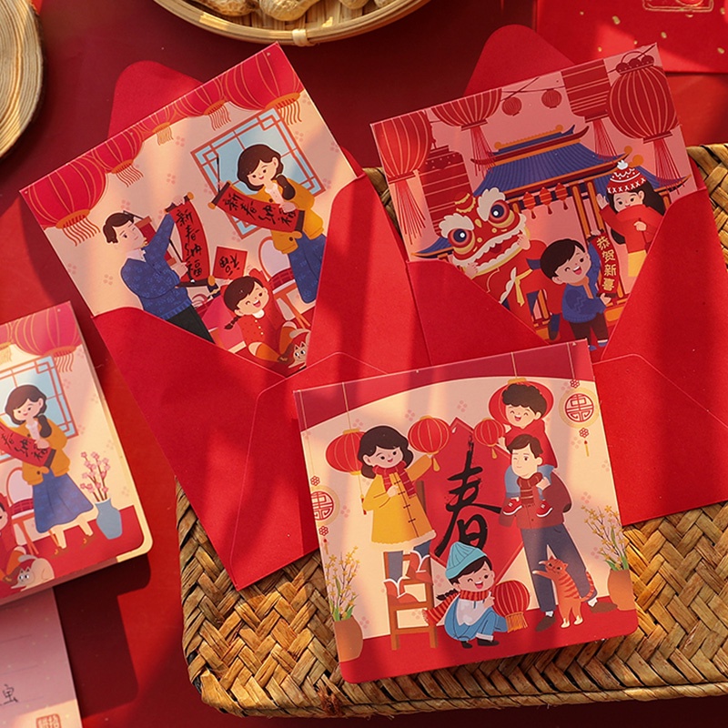 6pcs Kartu Ucapan Selamat Tahun Baru Retro Merah Dengan Amplop Liburan Gaya Cina Wishes Card