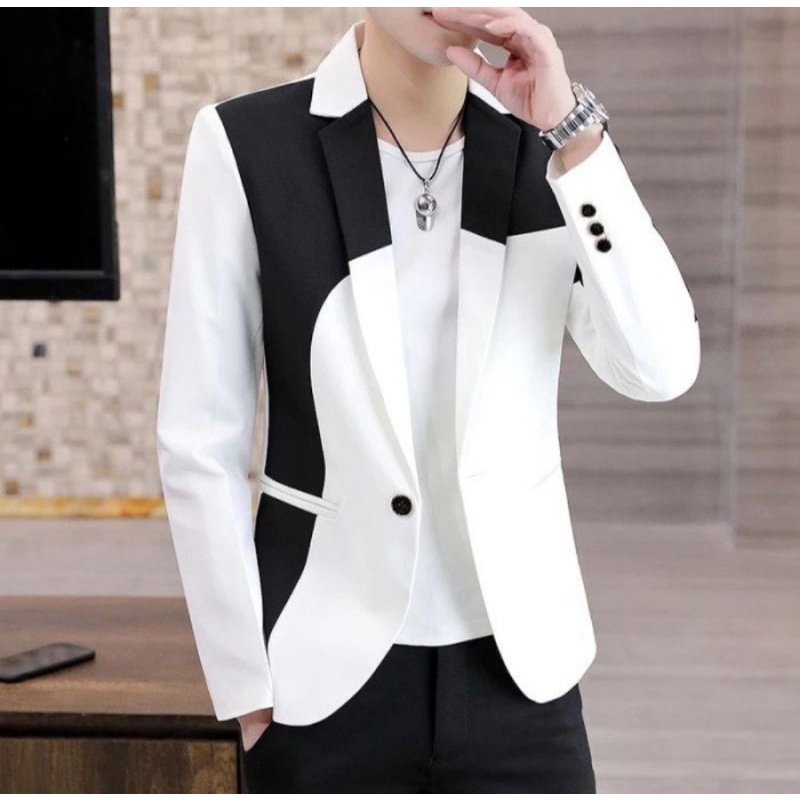 A294 Blazer Pria, Blazer Lengan Panjang Pria, Blazer Cowok, Jas Pria, Blazer Putih Hitam Pria