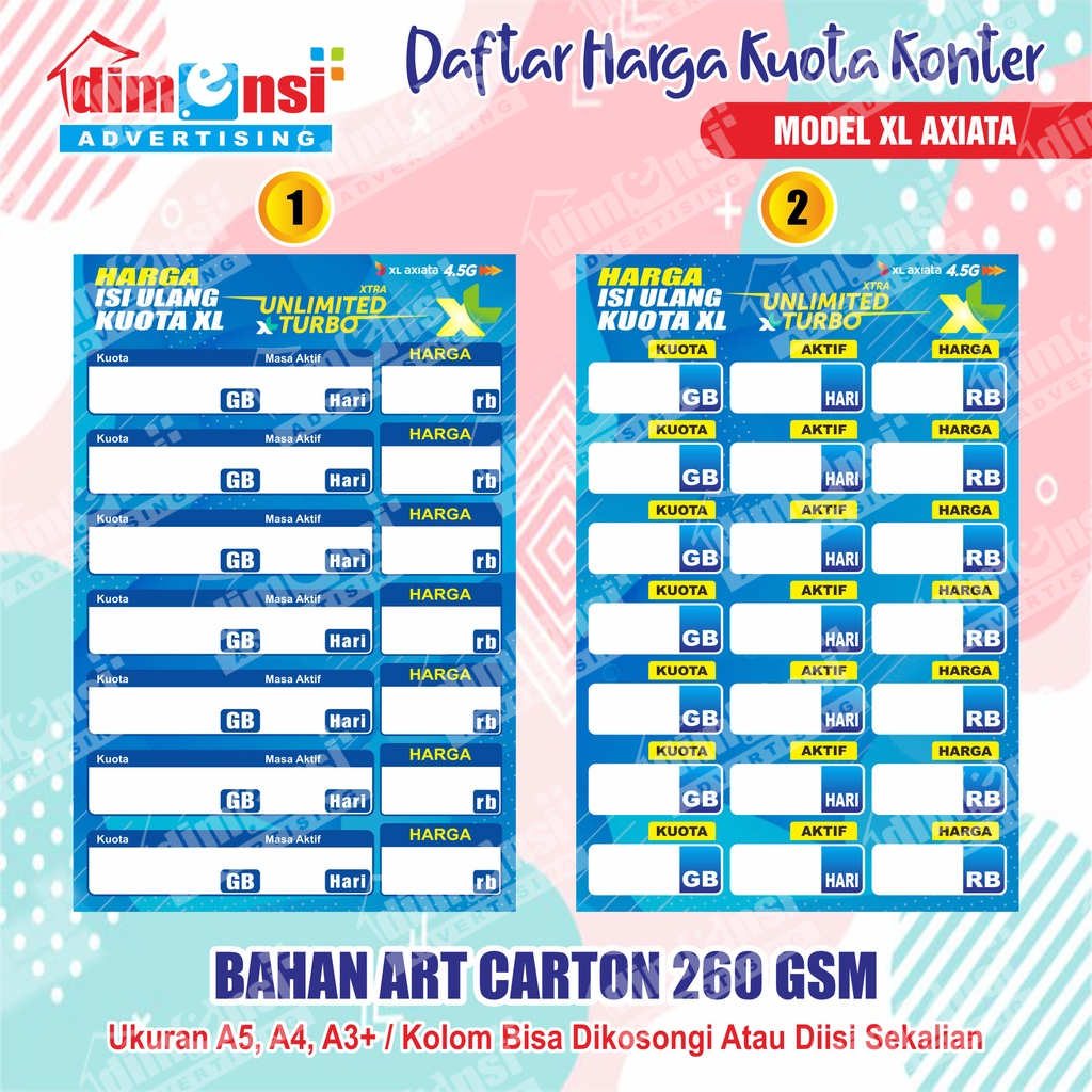 

Daftar Harga Voucher Konter / Display Harga Etalase Konter (Minimal 2 Pcs) - DIMENSI ADV