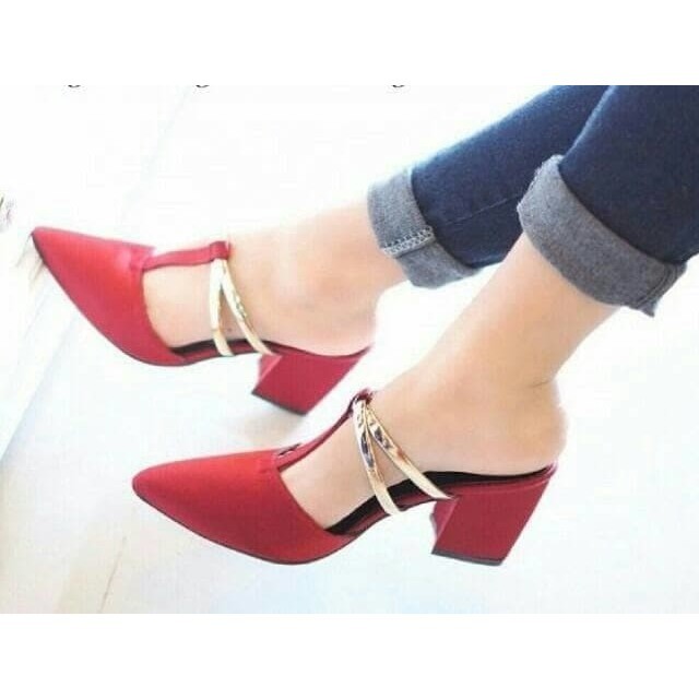 Sandal hak kotak selop wanita merah casual modis pesta elegan lucu keren
