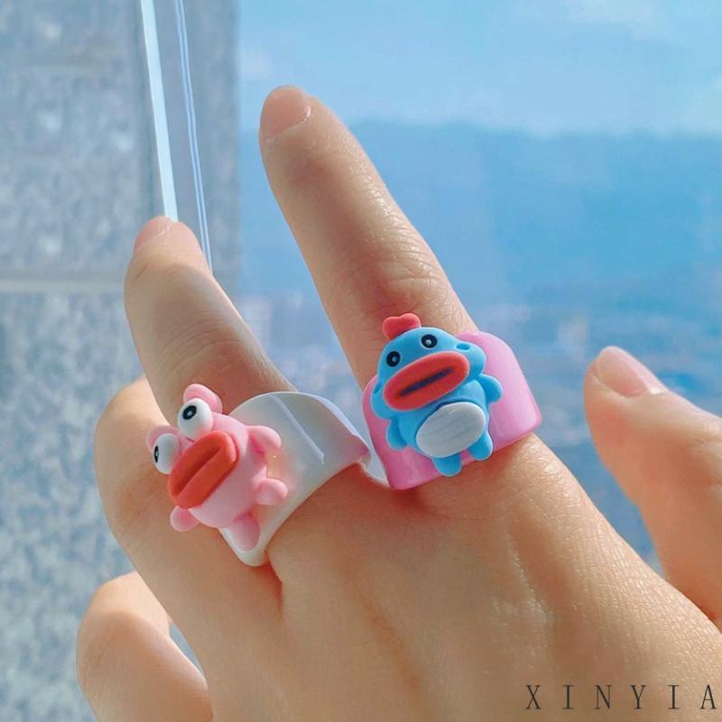 【Bayar di tempat】Cincin Desain Kartun Kodok Bahan Resin Akrilik Untuk Wanita